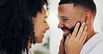 Bathroom, love and touching face with couple in home together for bonding, love or morning routine. Beard, satisfaction and skincare with happy people in apartment for beauty, grooming or hygiene