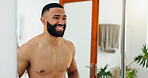 Skincare, smile and mirror with man in bathroom for morning routine, hygiene and beauty maintenance. Self care, happy and reflection with shirtless person in home for glow, dermatology and grooming
