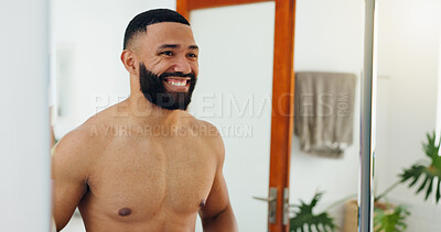 Buy stock photo Skincare, smile and mirror with man in bathroom for morning routine, hygiene and beauty maintenance. Self care, happy and reflection with shirtless person in home for glow, dermatology and grooming