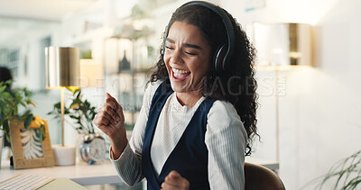 Buy stock photo Dance, music and news with business woman in office for intern success, celebration and streaming. Happiness, learning program and winner with person and headphones for startup, achievement and bonus