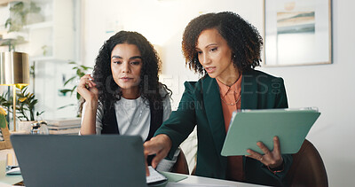 Buy stock photo Business, help and women in office, laptop or website review with feedback for news report. Writer, proofreading or journalist in workplace, tech or online magazine with editing or planning for story