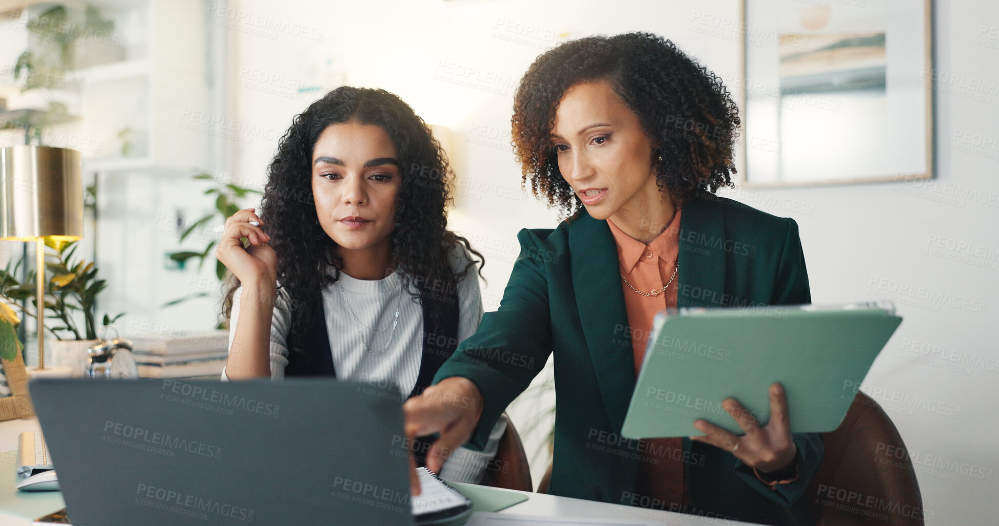 Buy stock photo Business, help and women in office, laptop or website review with feedback for news report. Writer, proofreading or journalist in workplace, tech or online magazine with editing or planning for story