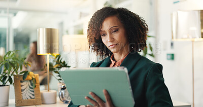 Buy stock photo Blog, reading and tablet with journalist woman in office for editing or review of report. App, journalism and news article wit business person in workplace for online magazine or internet publication