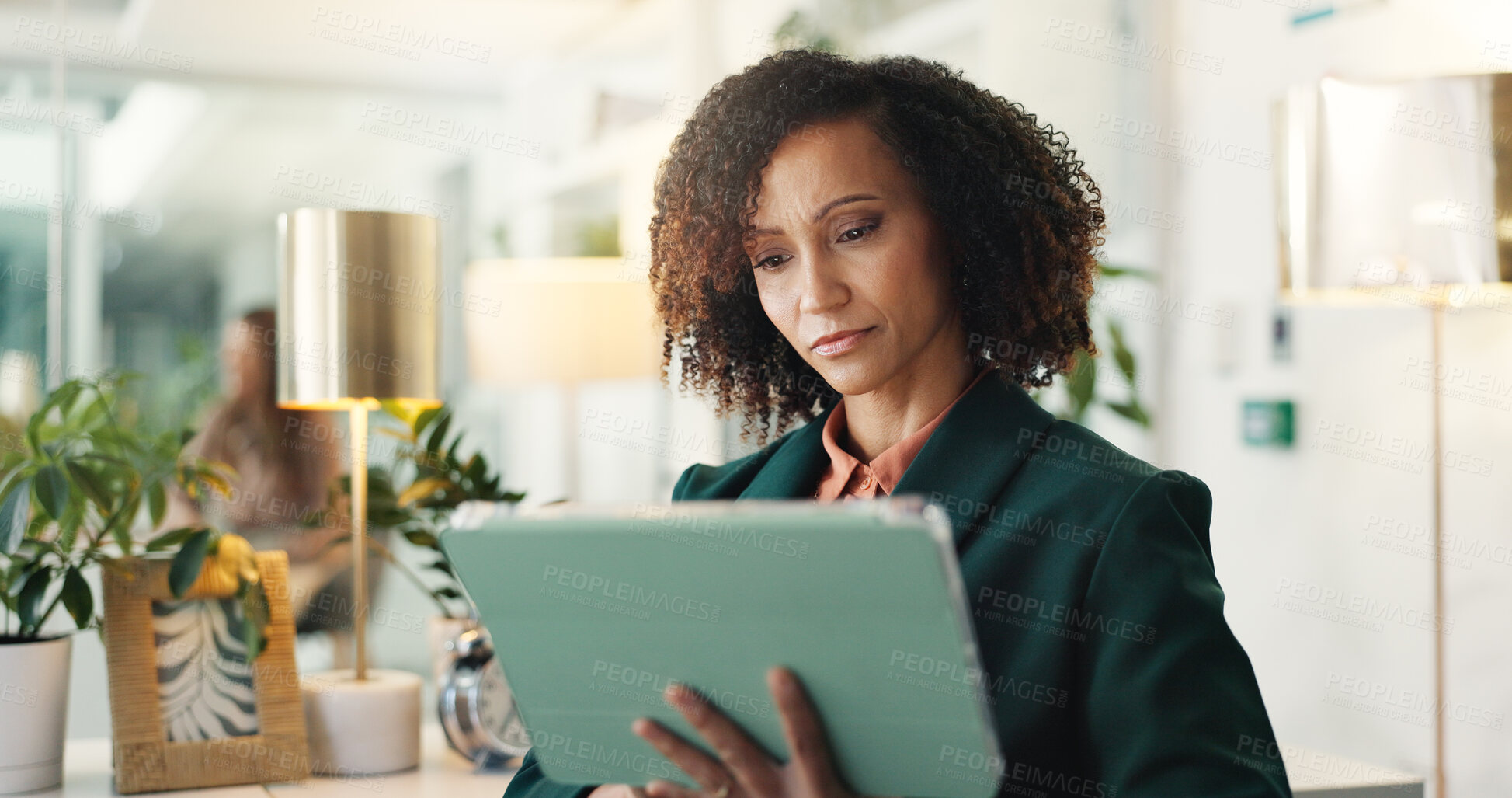 Buy stock photo Blog, reading and tablet with journalist woman in office for editing or review of report. App, journalism and news article wit business person in workplace for online magazine or internet publication