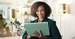 Woman, tablet and happy at office with project, thinking or review with article at media agency. Person, journalist and writer with research, editing process and tech with app for story development