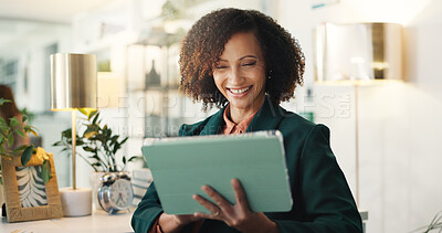 Buy stock photo Woman, tablet and happy at office with project, thinking or review with article at media agency. Person, journalist and writer with research, editing process and tech with app for story development