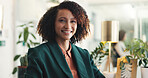 Portrait, business and happy woman in workplace, smile and career ambition with creative agency. Mature person, employee and journalist in office, about us or confidence with magazine editor or pride