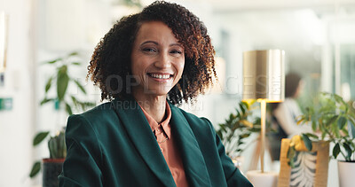 Buy stock photo Portrait, business and happy woman in workplace, smile and career ambition with creative agency. Person, employee and journalist in office, about us or confidence with magazine editor or pride