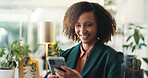 Happy, smartphone and business woman in office,, communication or contact with positive project feedback. Networking, connection and professional female person at workplace with email for good review