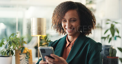 Buy stock photo Happy, smartphone and business woman in office, communication or contact with positive project feedback. Networking, connection and professional female person at workplace with email for good review