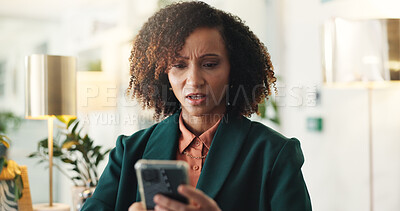 Buy stock photo Confused, smartphone and business woman in office with reaction to negative project feedback, error or mistake. Communication, contact and person with professional crisis or reading bad email review