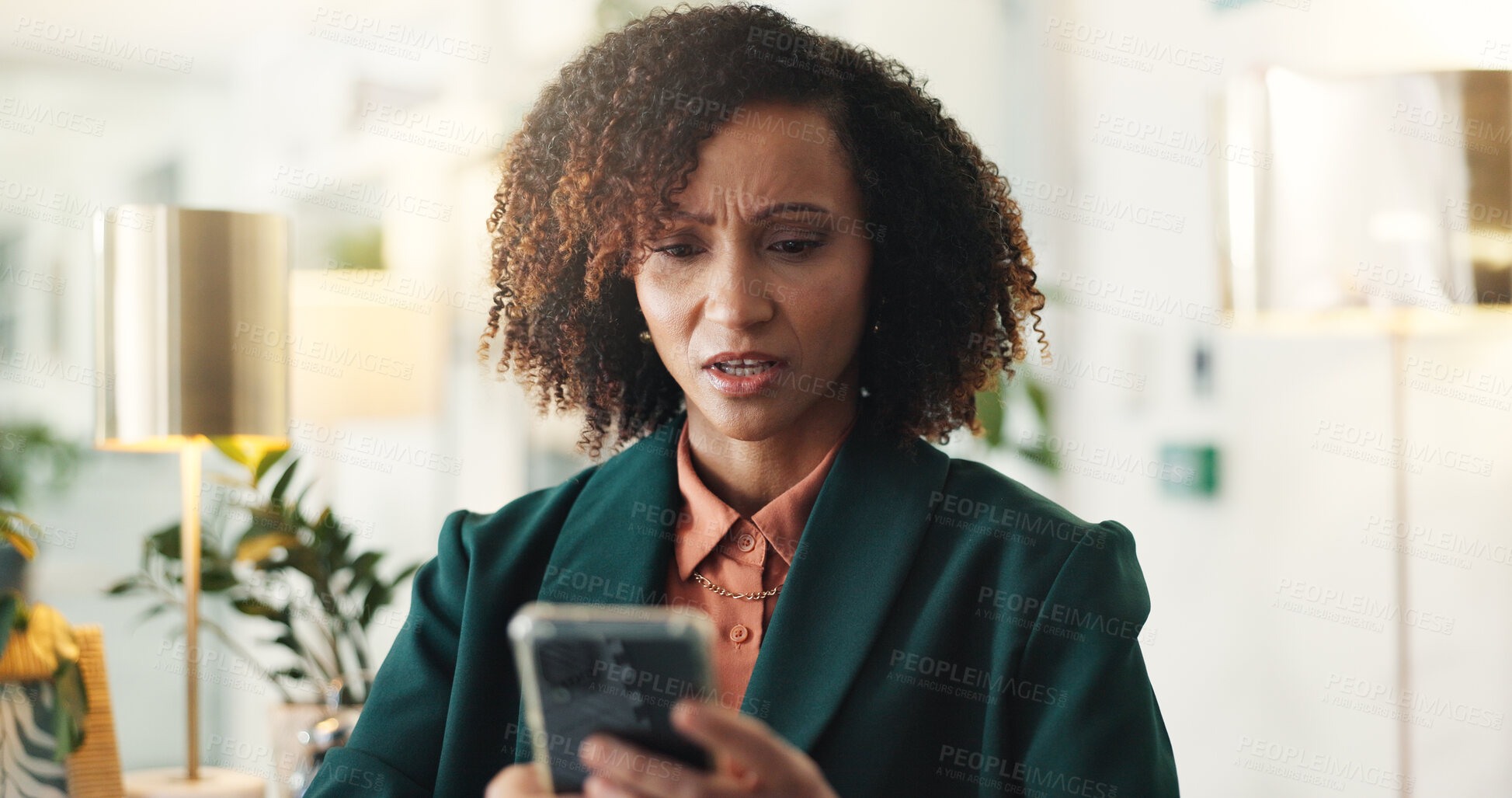 Buy stock photo Confused, smartphone and business woman in office with reaction to negative project feedback, error or mistake. Communication, contact and person with professional crisis or reading bad email review