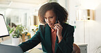 Business woman, phone call and planning in office for communication, schedule discussion and news. Laptop, person and talk for conversation, negotiation and feedback for company project management