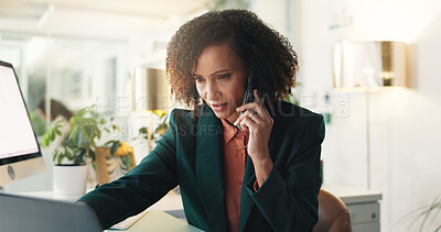 Buy stock photo Business woman, phone call and planning in office for communication, schedule discussion and news. Laptop, person and talk for conversation, negotiation and feedback for company project management