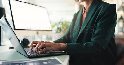 Buy stock photo Hands, laptop and typing at office with project, writing or review with article at media agency. Person, journalist or writer with draft editing process, computer and story development at company