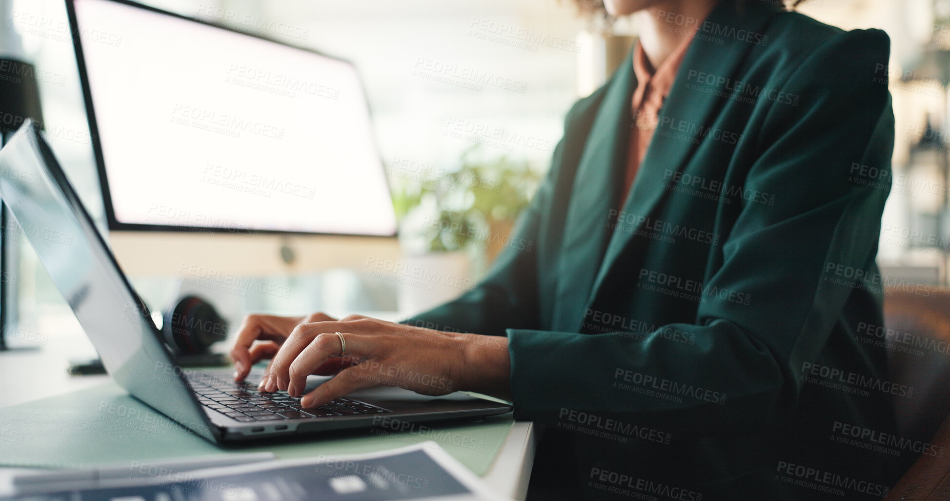 Buy stock photo Hands, laptop and typing at office with project, writing or review with article at media agency. Person, journalist or writer with draft editing process, computer and story development at company