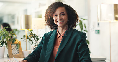 Buy stock photo Portrait, business and woman in office, smile and career ambition with creative agency. Happy person, employee and journalist in workplace, professional and confidence with magazine editor and pride