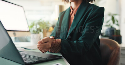 Buy stock photo Business, woman and pain in hands with laptop, carpal tunnel and massage for relief in office. Administrator, wrist injury and muscle ache at computer with overexertion, tendon sprain or inflammation