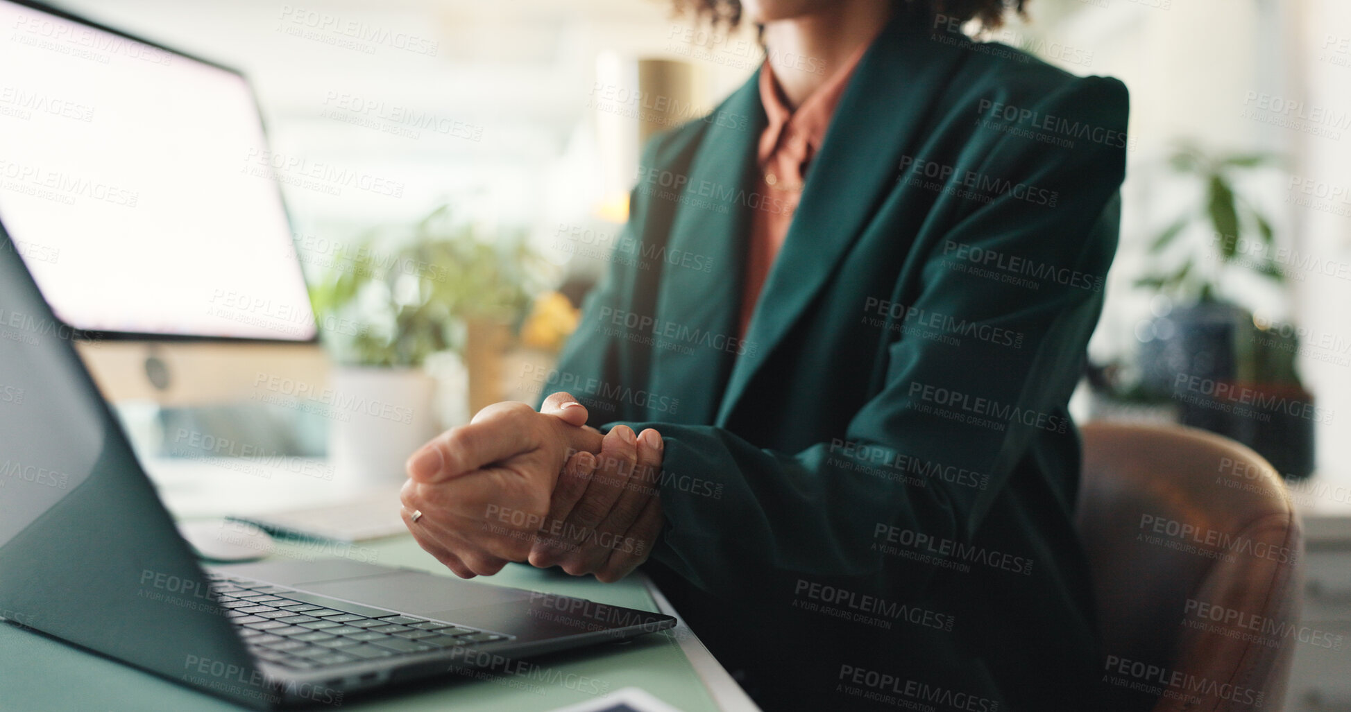 Buy stock photo Business, woman and pain in hands with laptop, carpal tunnel and massage for relief in office. Administrator, wrist injury and muscle ache at computer with overexertion, tendon sprain or inflammation