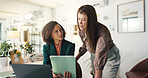 Business, help and women in meeting, tablet and cooperation with feedback for proofreading. Writer, journalist or editor in office, tech or online magazine with website review or planning for article