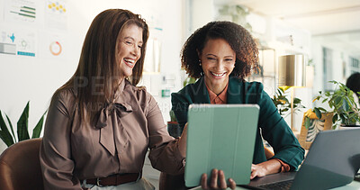 Buy stock photo Business, help and women with smile, tablet or teamwork with feedback for news article. Subscription analytics, journalist or editor in office, tech or online magazine with website review or laughing