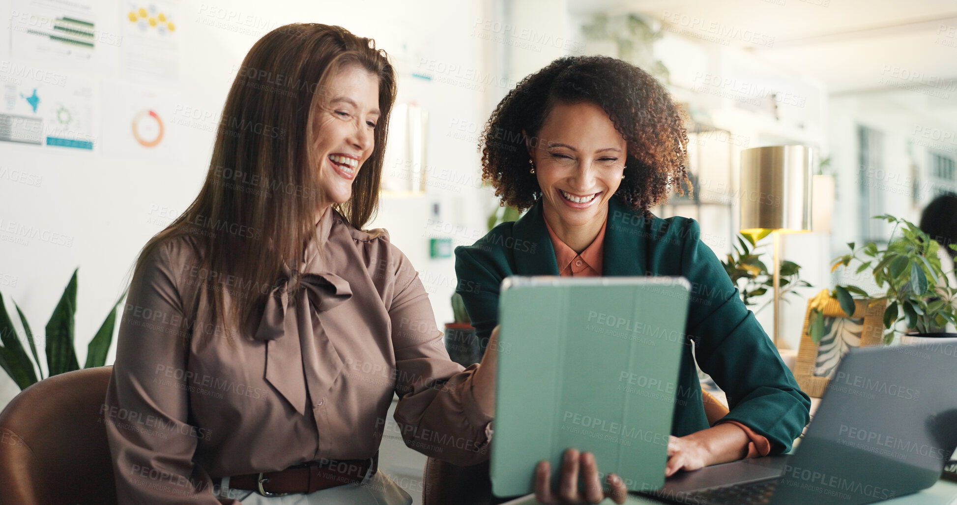 Buy stock photo Business, help and women with smile, tablet or teamwork with feedback for news article. Subscription analytics, journalist or editor in office, tech or online magazine with website review or laughing
