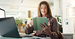 Journalism, tablet and smile with business woman in office for editing or review of report. App, news article and reading with mature journalist in workplace for online magazine or publication