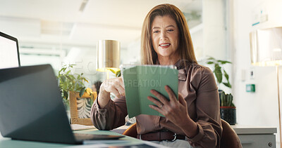 Buy stock photo Journalism, tablet and smile with business woman in office for editing or review of report. App, news article and reading with mature journalist in workplace for online magazine or publication
