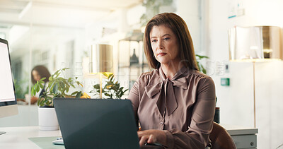 Buy stock photo Woman, laptop and typing at office with project, writing or review with article at media agency. Mature person, journalist and computer with feedback, draft and story development process at company