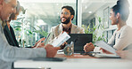 Businessman, team and laptop in office for meeting, budget review or documents for information. Financial manager, tech and group in accounting agency for discussion, company update or smile for news