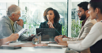 Buy stock photo Businesswoman, team or laptop in office for meeting, budget review or documents for information. Financial manager, tech or group in accounting agency for discussion, company update or files for news
