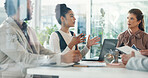 Conversation, finance and meeting with business people in office for investment or risk management. Budget, collaboration and planning with employee group at work for financial feedback or report