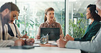 Businesswoman, group and laptop in office for meeting, budget review and documents for information. Financial manager, tech and team in accounting agency for discussion, company update and planning