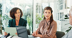 Collaboration, finance and meeting with business people in office for investment or risk management. Budget, conversation and planning with employee team in workplace for financial feedback or report