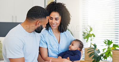 Buy stock photo Home, parents and relax with baby in bedroom for morning routine, bonding together or connection. Love, family and happy people with infant in apartment for protection, security and child development