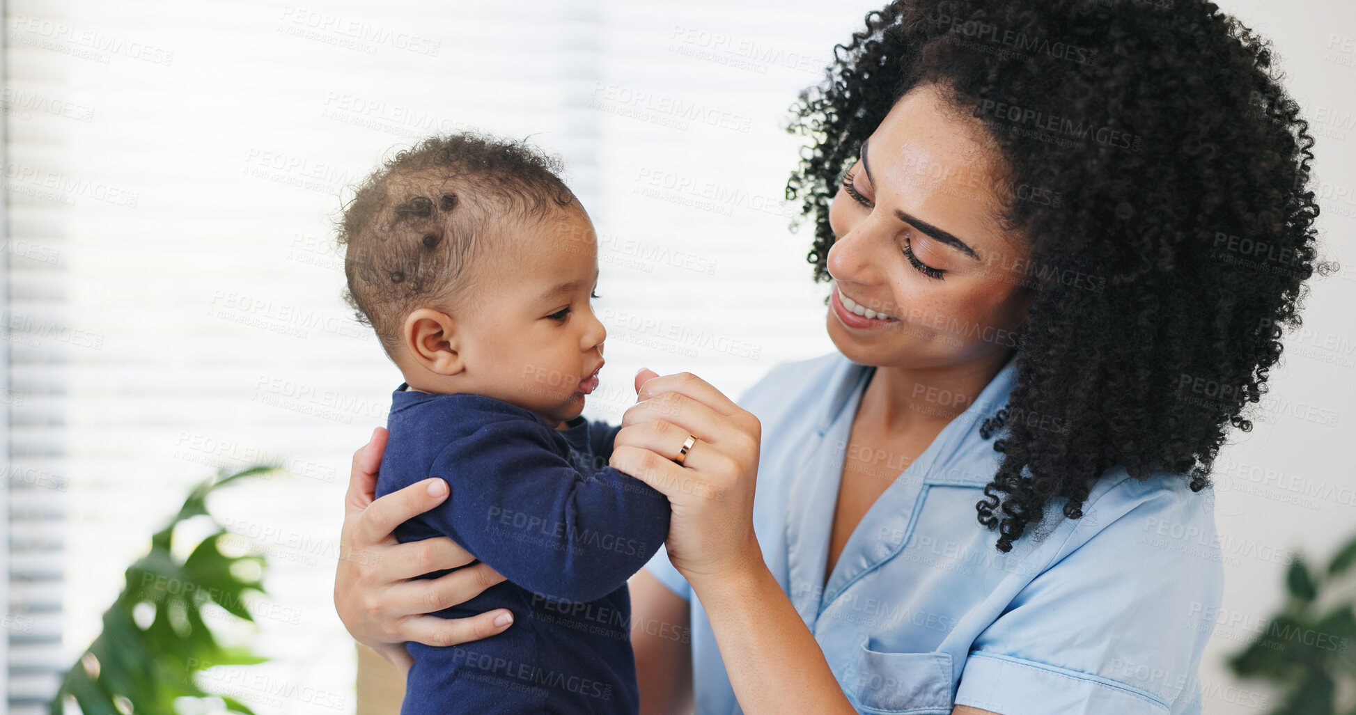 Buy stock photo Mother, happy and playing with baby in home for bonding together, security and connection. Love, family and woman with infant affection for protection, morning routine and child development in house