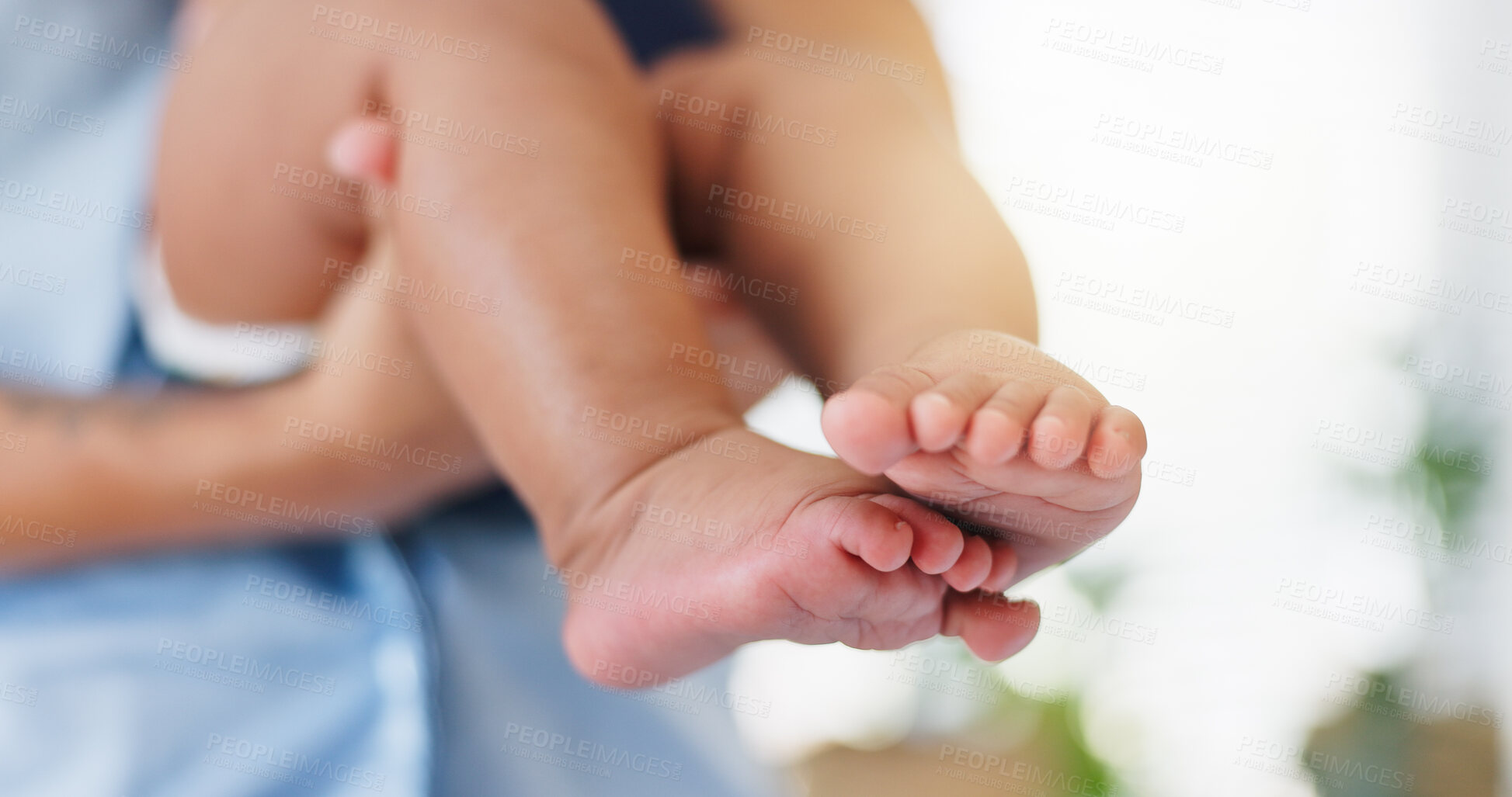 Buy stock photo Mother, embrace and baby feet at house with love, safety and comfort for bonding together. Female person, holding and infant toes for protection, maternal support and connection of growth development