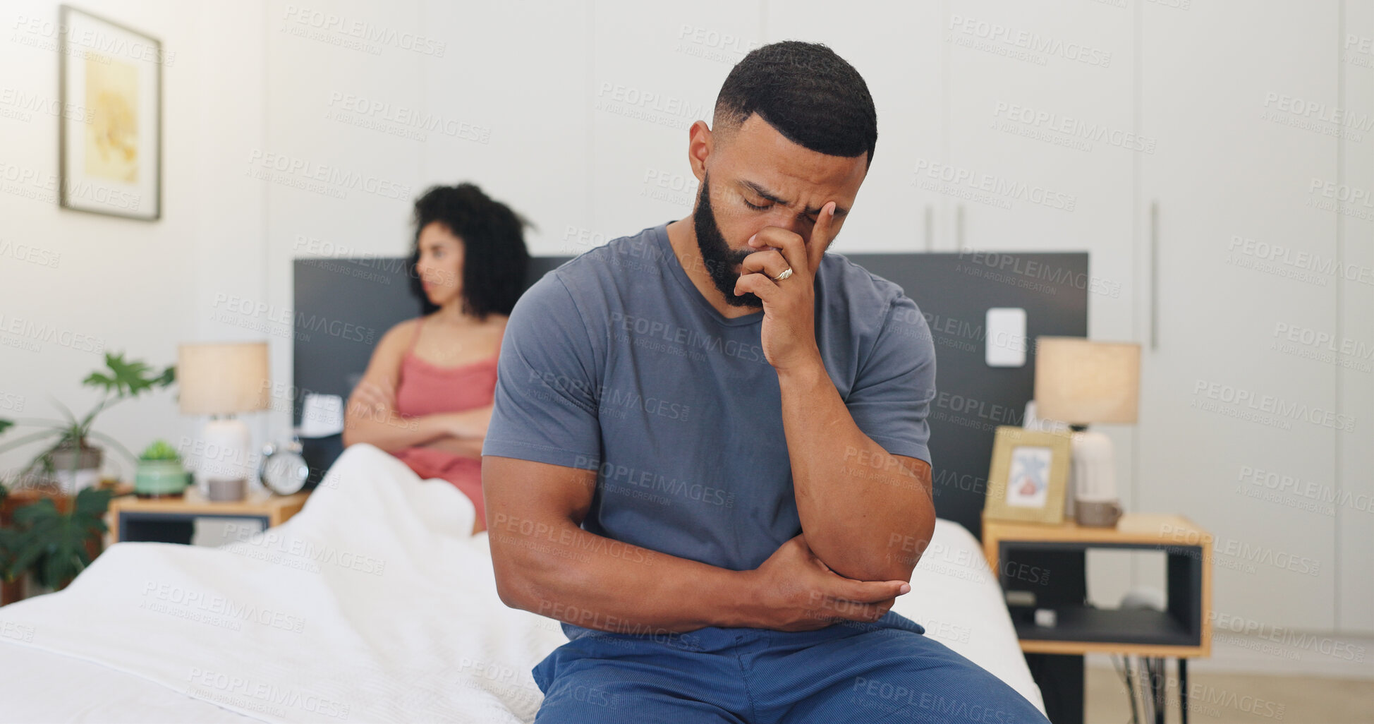 Buy stock photo Frustrated couple, argument or disagreement with stress in bedroom for fight or toxic relationship. Upset man, woman or ignore with conflict or dispute in bed for breakup, divorce or cheating affair