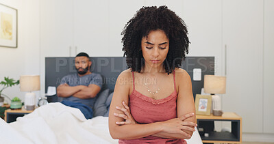Buy stock photo Frustrated couple, fight or disagreement with stress in bedroom for argument or toxic relationship. Upset man, woman or ignore with conflict in bed for breakup, divorce or cheating affair in home