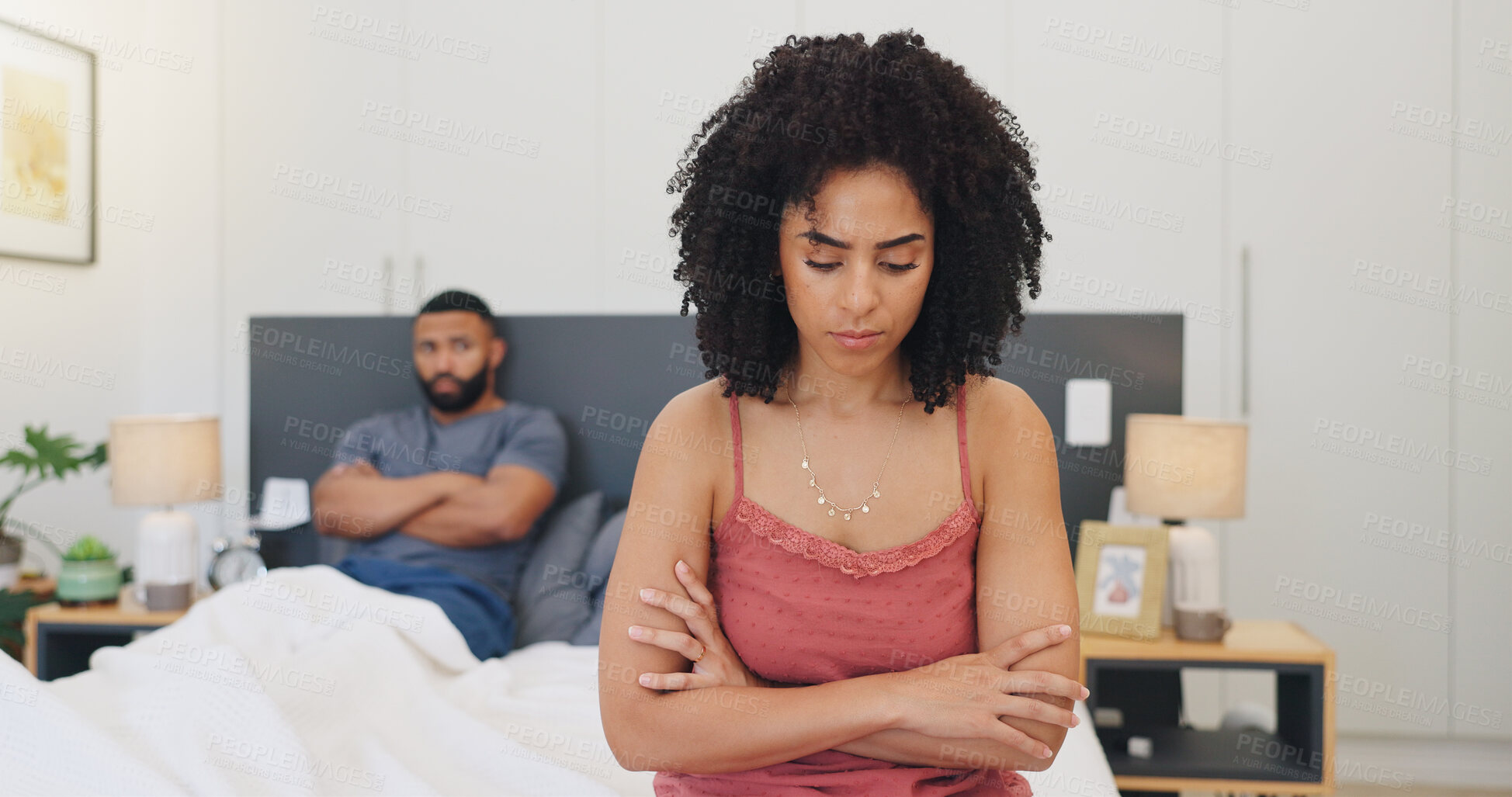 Buy stock photo Frustrated couple, fight or disagreement with stress in bedroom for argument or toxic relationship. Upset man, woman or ignore with conflict in bed for breakup, divorce or cheating affair in home