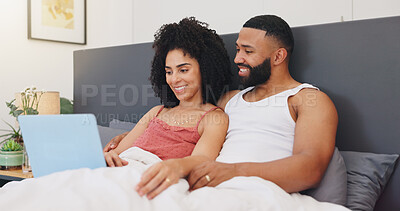 Buy stock photo Couple, laptop and relax in bed with movie, favorite series or bonding on weekend in home. Happy man, woman or tech in bedroom with connectivity, streaming service or media platform for entertainment