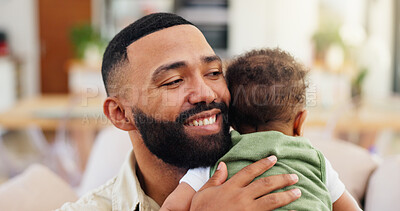 Buy stock photo Happy, hug and dad with baby on sofa for bonding, loving relationship and development. Family, home and father with child embrace on couch for safety, support and care in living room together