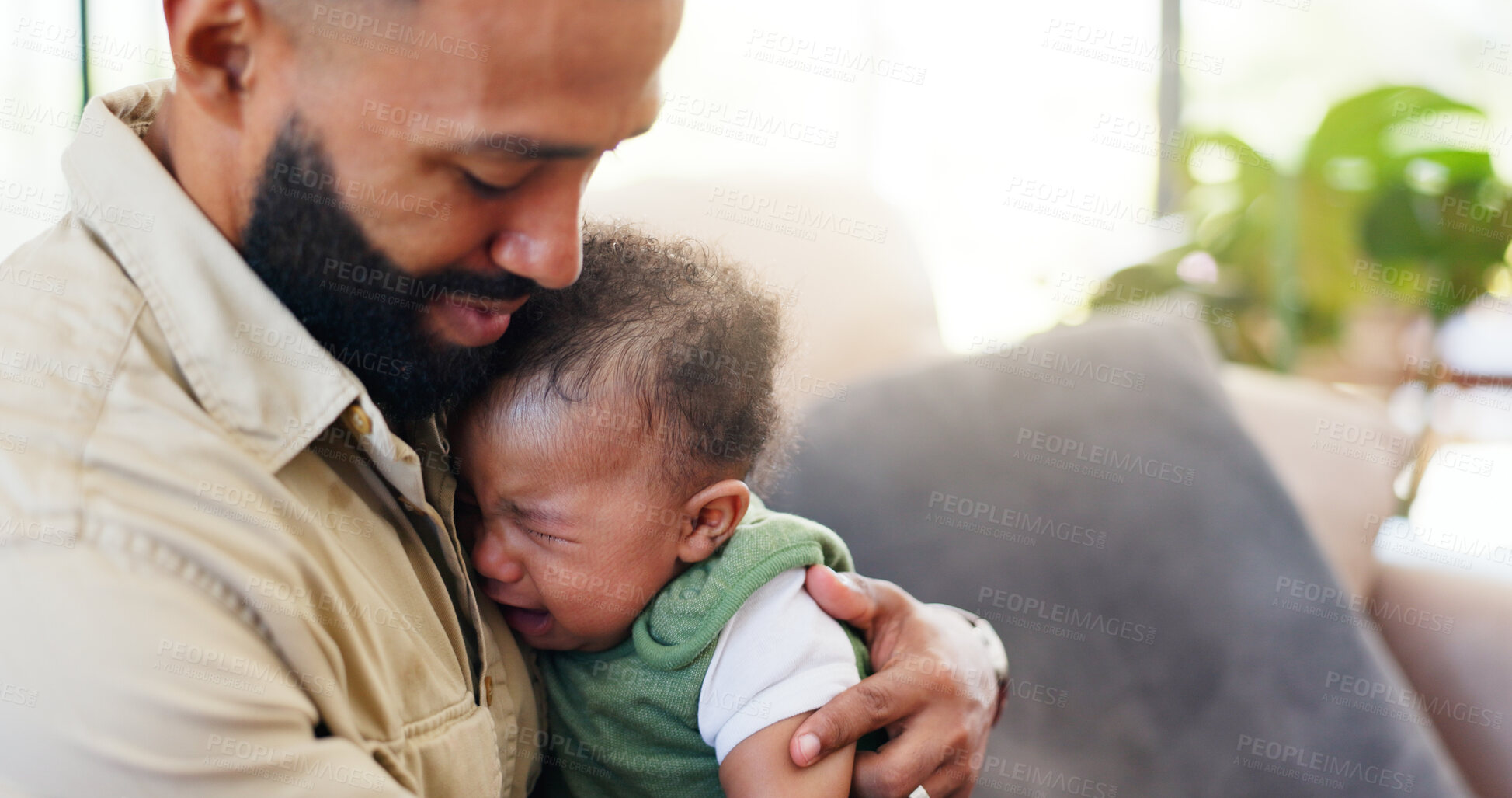 Buy stock photo Home, father and comfort crying baby with bonding together, hungry and discomfort with teething. Single dad, people and console sad infant in living room with attention, parenting and love connection