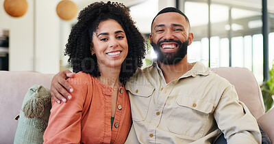 Buy stock photo Happy, couple and bonding in lounge, portrait and romance in home, together or affection on weekend. Apartment, man and woman in living room, embrace and free time in house, relationship and Canada