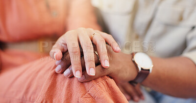 Buy stock photo Closeup, couple and holding hands with care, love and marriage with connection for trust with bonding. People, partnership and relax with support, loyalty and touch with solidarity in relationship