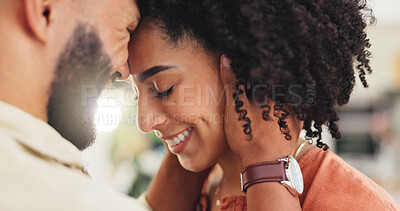 Buy stock photo Love, happy and couple with forehead touch in home for connection, security and bonding together. Support, people and trust in marriage with protection, commitment and healthy relationship in house