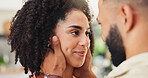 Love, connection and couple with romance in home for affection, assurance and bonding together. Happy, people and loyalty in marriage with protection, commitment and healthy relationship in apartment