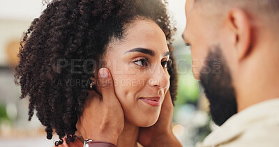 Buy stock photo Love, connection and couple with romance in home for affection, assurance and bonding together. Happy, people and loyalty in marriage with protection, commitment and healthy relationship in apartment