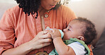 Milk, bottle and mother with feeding baby for nutrition, morning routine and healthy development. Love, motherhood and woman with infant formula in home for wellness, hungry and drinking for growth