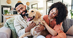 Couple, dog and happy on sofa, relax and bonding with care, connection and stroke in living room. People, woman and man with pet, golden retriever or love for cuddle on couch in lounge at apartment